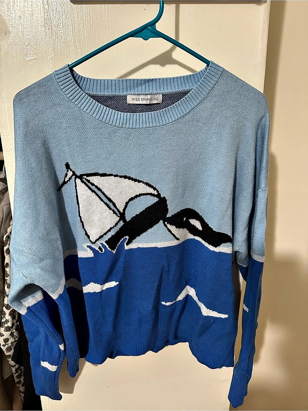 Miss Sparkling Orca Knit Sweater Blue & White Size Large